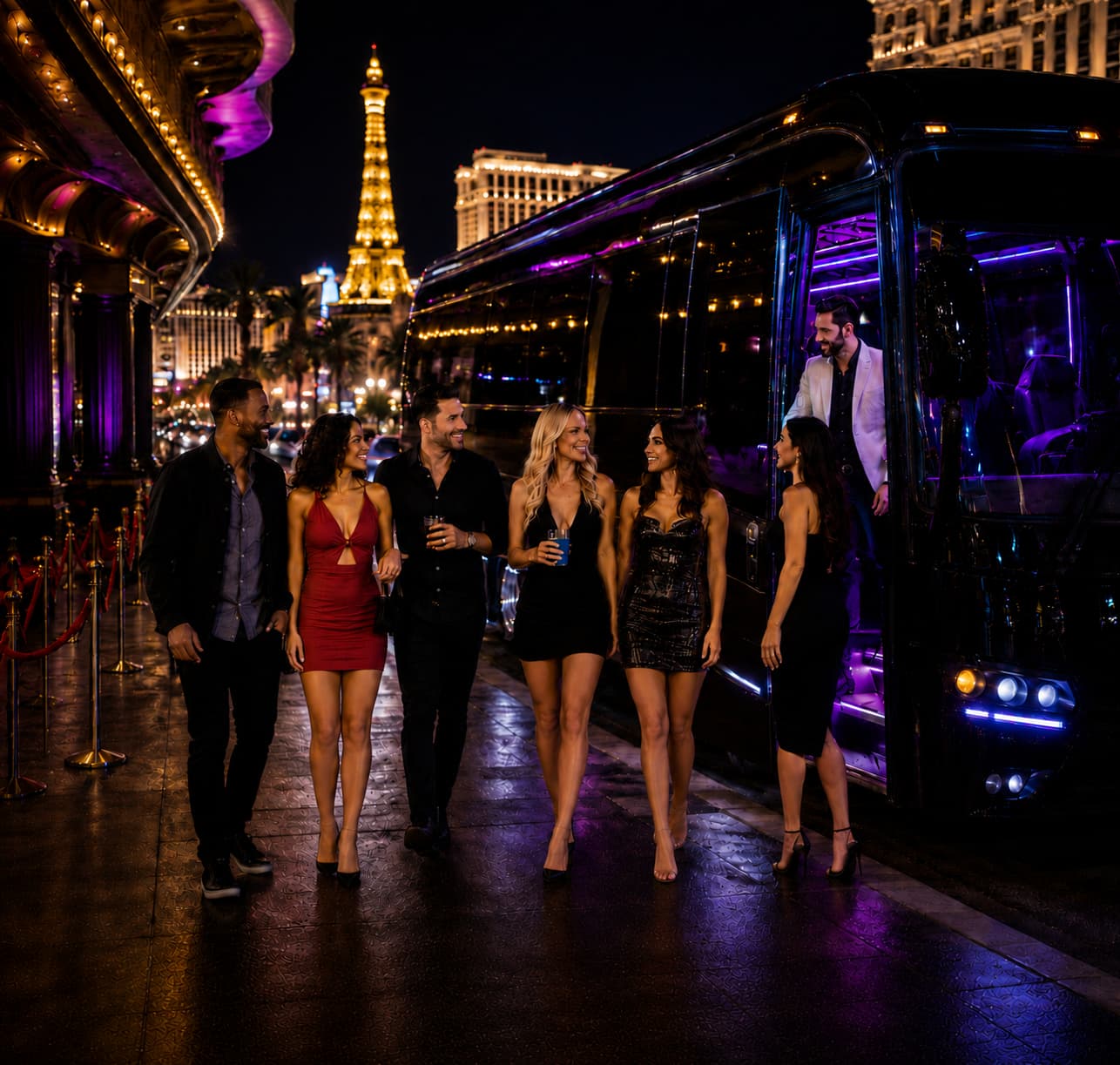 Las Vegas Club Crawl and Party Bus Experience Group enjoying a Las Vegas club crawl with party bus transportation on the Strip