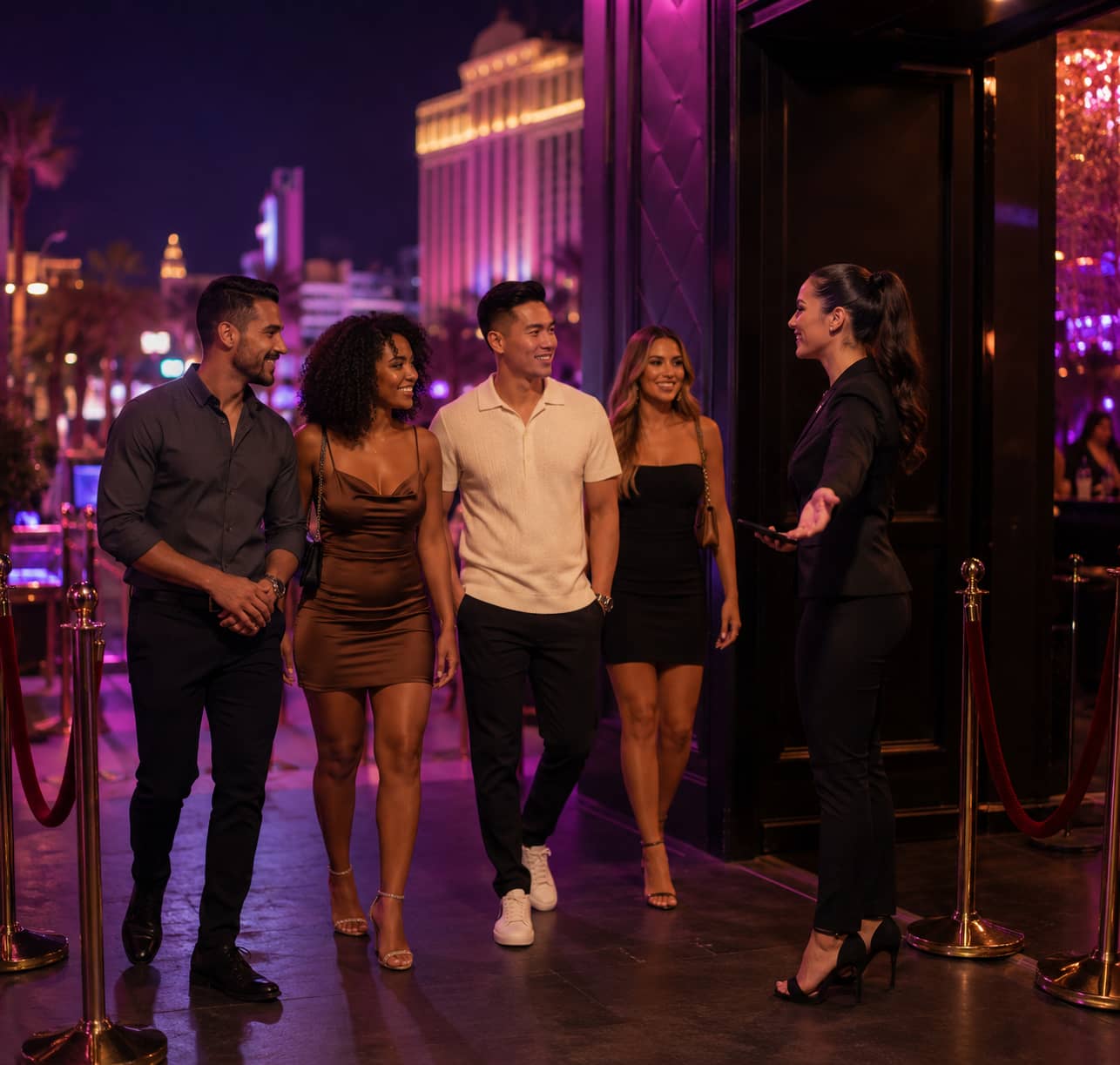 Las Vegas VIP Entry Options VIP host welcoming guests into an upscale Las Vegas nightclub