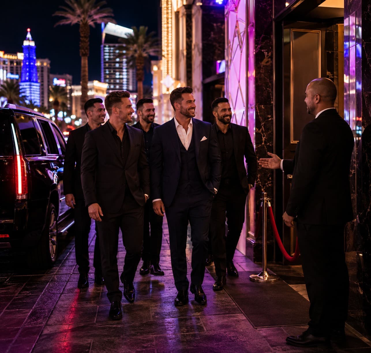 Las Vegas Strip Club Deals and VIP Arrival Bachelor party arriving at a Las Vegas adult nightlife venue with VIP host and transportation