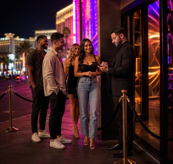 Las Vegas Guest List Access Nightlife host checking in guests at a Las Vegas nightclub entrance for guest list access
