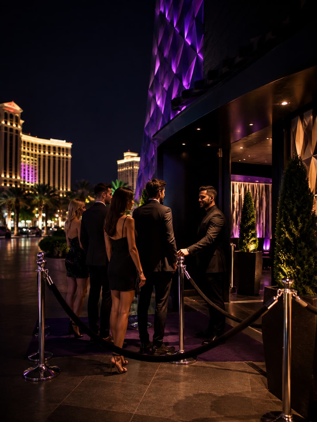 VIP guests entering a Las Vegas nightclub through a velvet rope guest list entrance